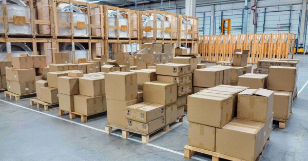 Pallets of boxes in a warehouse
