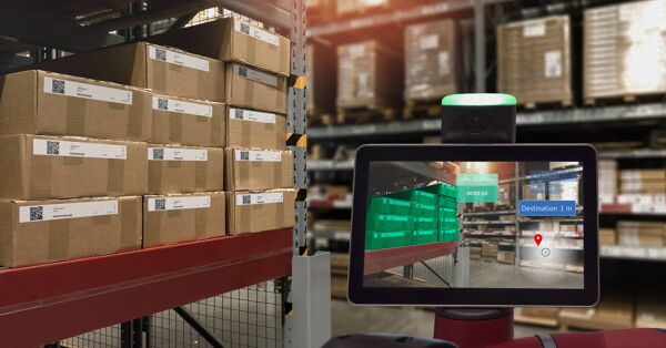 Industrial tablet showing virtual locations and information about products