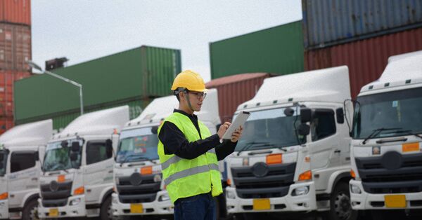 Logistics employee working in front of hauling trucks