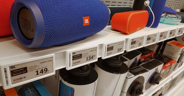 Black and white ESL label with JBL products