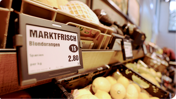 Product information displayed on an electronic shelf label.